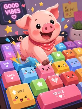 Charming digital illustration of a happy baby pig dancing on a pastel gamer keyboard, surrounded by cheerful positive vibes and star elements.
