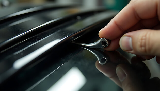 Hand adjusting shiny black car rear window louvers for customization and styling.