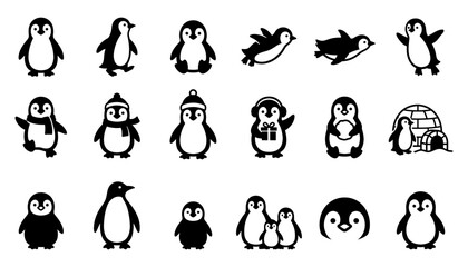 Obraz premium Penguin Icons Set with Igloo, Hat, and Gift Box Illustrations