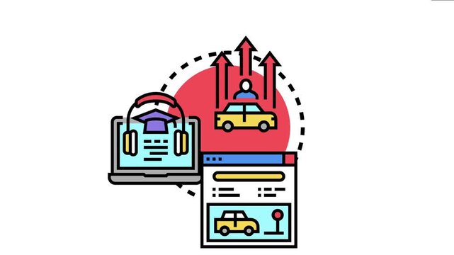 Driving lessons completing online education through a digital platform, visualizing goal achievement and progress in mastering automobile skills and passing the final exam