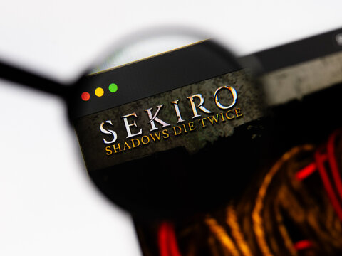 Milan, Italy 2026, 15 AGO Closeup of Sekiro Shadows Die Twice website page on a laptop screen. Focus on Sekiro Shadows Die Twice logo under a magnifying glass.