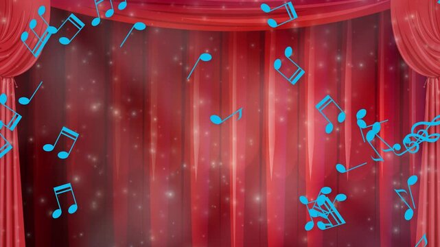 Blue Musical Notes Falling Over Red Theater Stage Curtains