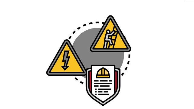 Safety education and vigilance concepts combining caution signs with a worker climbing a ladder. An electricity hazard symbol. And a shield with a hard hat