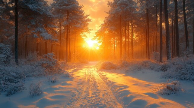 Winter sunbeams in snowy forest path