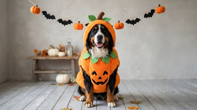 A charming saint bernard dog dressed in a pumpkin costume prepares for the spooky season and halloween festivities