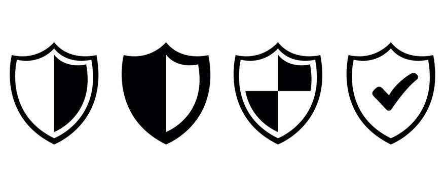Shield icon set in vintage style. Protect shield security line