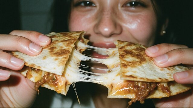 Person Pulling Apart Cheesy Quesadilla