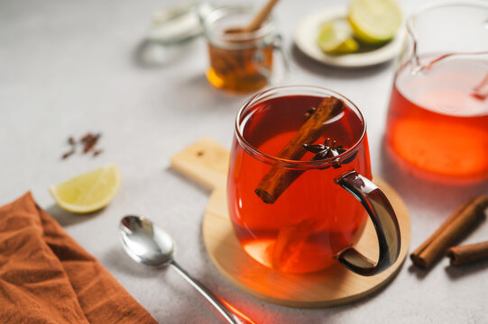 Spiced Tea with Cinnamon, Star Anise and Lemon, Cozy autumn, winter cup of tea
