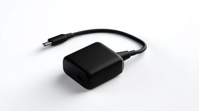 Single compact black USB C charging adapter with a neatly arranged charging cable, isolated on a pure white background, realistic matte plastic