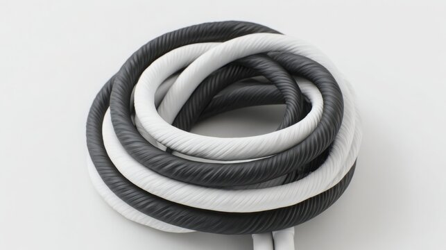 Single compact set of neatly coiled black and white charging cables secured with a minimalist silicone cable organizer, isolated on a pure white
