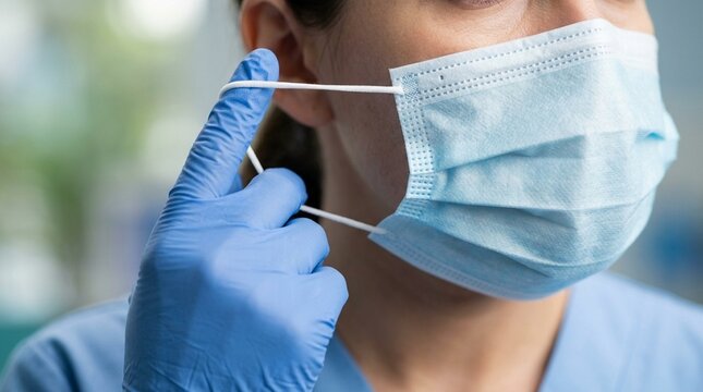 Healthcare worker lifting the mask away without touching the front