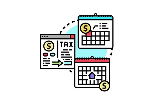 Illustrating important financial concepts, an icon set showing deadlines, monetary obligations, and tax reminders for managing expenses and avoiding penalties