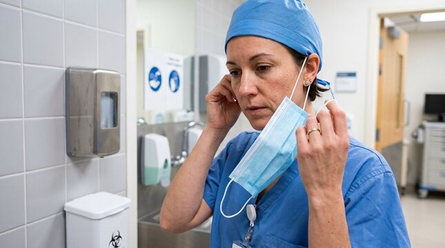 Healthcare worker removing an N95 mask by the straps after leaving isolation