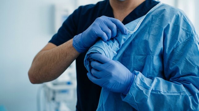 Healthcare worker rolling the gown inward while removing it