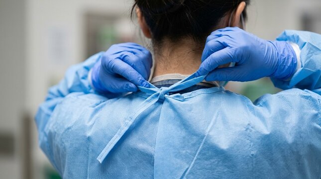 Healthcare worker untying gown straps at the back