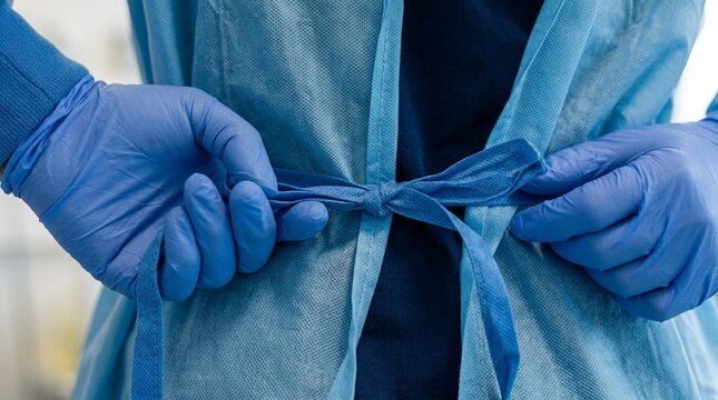 Healthcare worker tying the back straps of an isolation gown