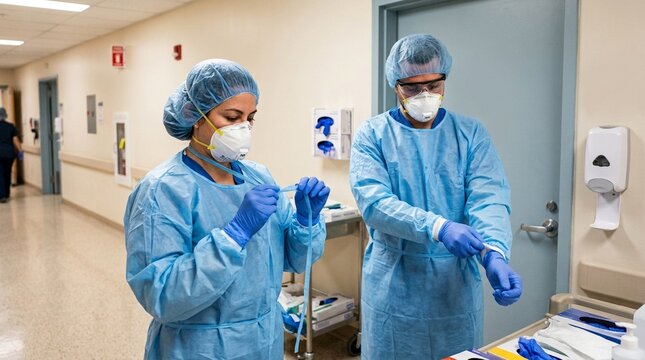 Hospital staff pausing in the anteroom to begin donning PPE