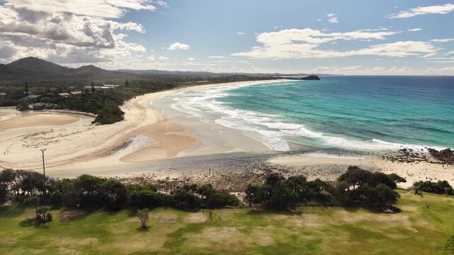 Maggies Beach from above, sand, surf and green hills, Tweed Coast, NSW Australia
