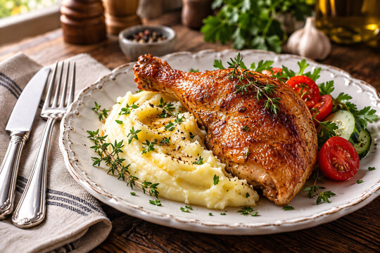 Juicy roasted chicken served with creamy mashed potatoes, fresh vegetables and herbs on a rustic ceramic plate