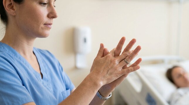 Nurse performing the five-moment hand hygiene technique at the bedside