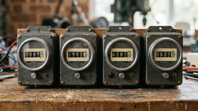 Four vintage industrial electrical meters mounted together on a wooden plank serve as an old fuse box on a workshop workbench, showcasing mechanical counters and metal dials