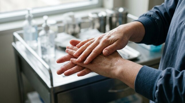 Nurse rubbing hands together after applying sanitizer