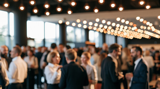 Business people networking and socializing at blurred conference or corporate event with bokeh lights