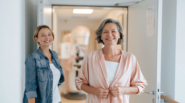 Mature woman smiling after mammogram screening with supportive daughter, focusing on women's health and cancer prevention