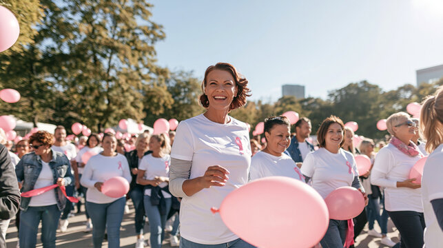 Smiling woman participating in breast cancer awareness charity walk with pink ribbons and balloons