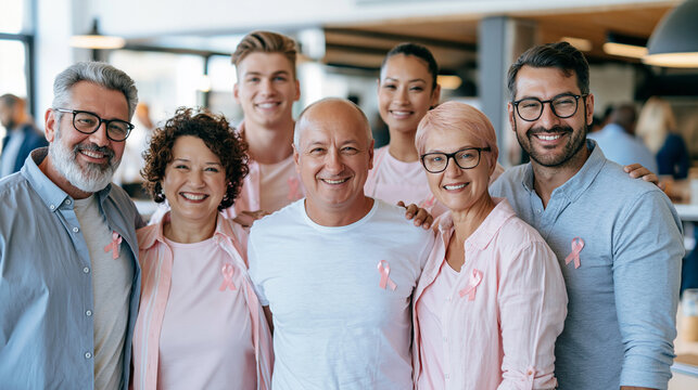 Group of multi ethnic people showing support and unity for breast cancer awareness, wearing pink ribbons and smiling at camera