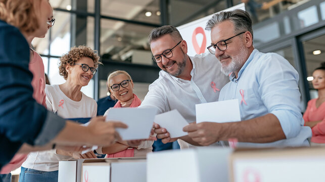 Diverse volunteers with pink ribbons collaborating at a charity event, raising awareness and supporting the breast cancer cause
