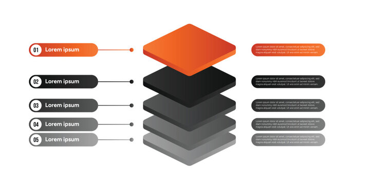 Modern business presentation infographic template featuring five stacked isometric square layers with orange highlight for corporate layout design.
