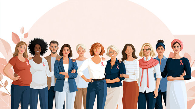 Diverse women and a man supporting breast cancer awareness, wearing pink ribbons for health and unity