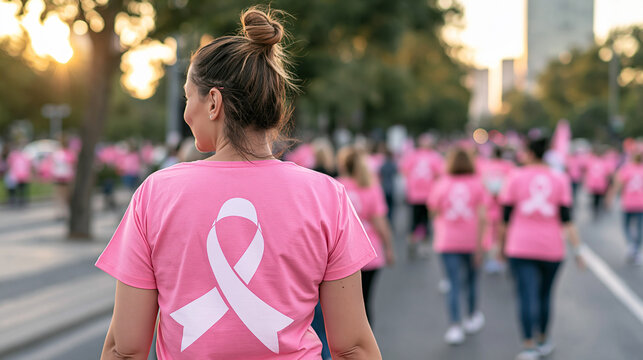 Woman joining breast cancer awareness walk, wearing pink ribbon shirt, supporting health and community