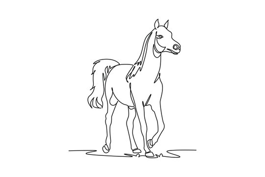 Single continuous line drawing elegant farm horse trotting gracefully forward with flowing mane and tail. Equine beauty, equestrian spirit, rural farm. One line draw graphic design vector illustration