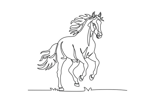 Continuous one line drawing farm horse running energetically with windblown mane, flying tail. Powerful equestrian motion, rural livestock beauty. Single line draw design vector graphic illustration
