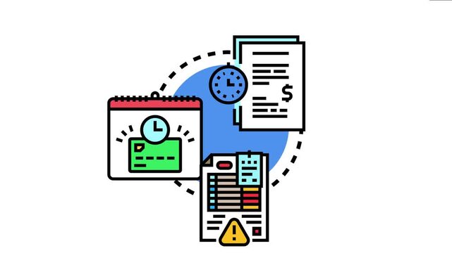 Late payment notice, showing documents, a clock, a calendar due date, and a warning symbol for an overdue bill or invoice