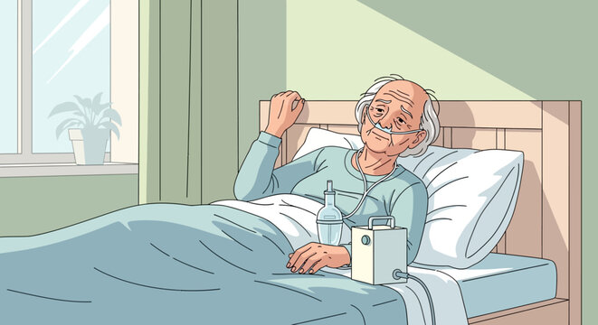 Elderly Patient In Bed With Oxygen Therapy Device