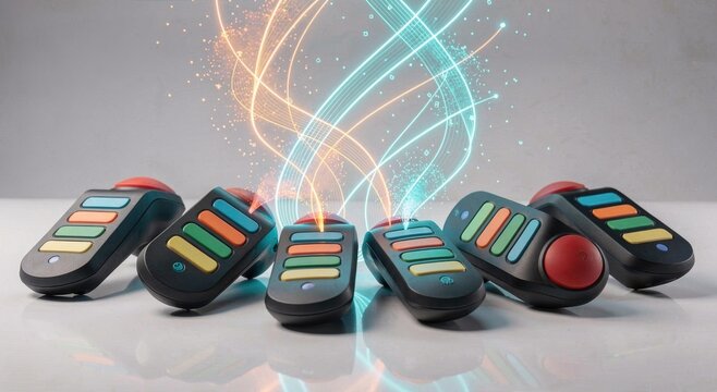 Multiple Colorful Game Show Buzzers Emitting Energetic Light Trails and Data