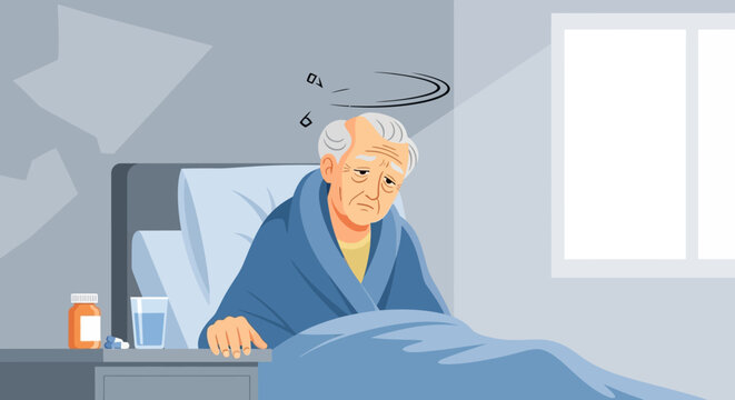Elderly Man Feeling Dizzy And Unwell While In Bed