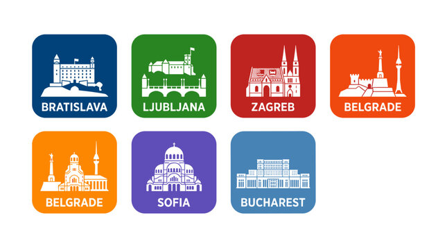 European Capital City Landmarks Bratislava Ljubljana Zagreb Belgrade Sofia and Bucharest Colorful Flat Icon Set