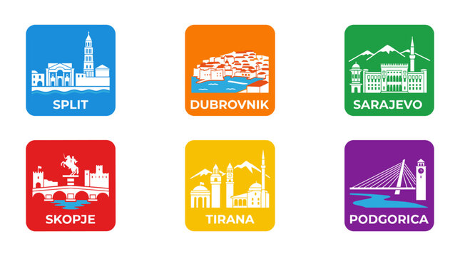 Croatia City Landmark Icons with Split Dubrovnik Sarajevo Skopje Tirana and Podgorica Colorful Flat Design Vector