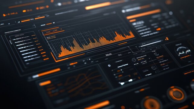 Close-up of a futuristic digital dashboard displaying graphs and data.