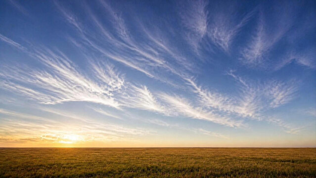 Wispy Cirrus Clouds over Vast Grassy Field at Sunset