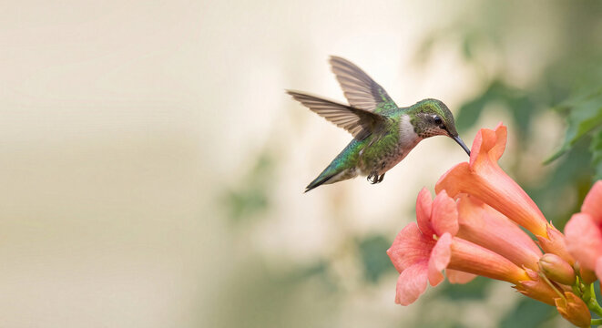 Green hummingbird hovering over pink trumpet flower in garden wildlife nature macro photo