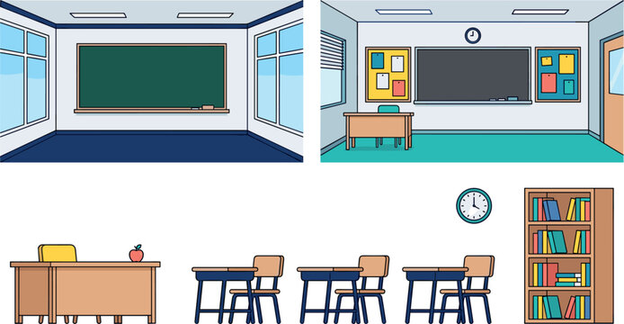 Empty School Classroom Interior Design Background Set with Blackboard, Teacher Desk, Student Chairs, Bookshelf, and Wall Clock Vector Graphic Illustration