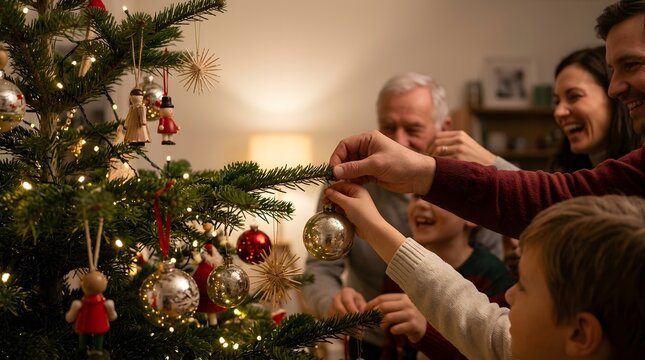 Family decorating a Christmas tree together with ornaments and lights