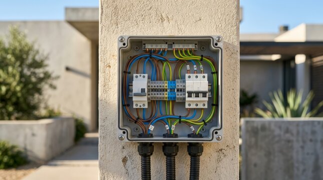 A close up view of an open electrical fuse box mounted on an outdoor concrete pillar, showcasing neatly organized blue, brown, and green yellow wires connecting circuit breakers