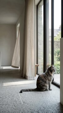 Cat sits quietly on the floor beside a curtain and large glass door