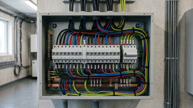 A close up view of an open fuse box mounted on a concrete wall, revealing neatly organized colorful electrical wiring, circuit breakers, and copper busbars inside the metal cabinet